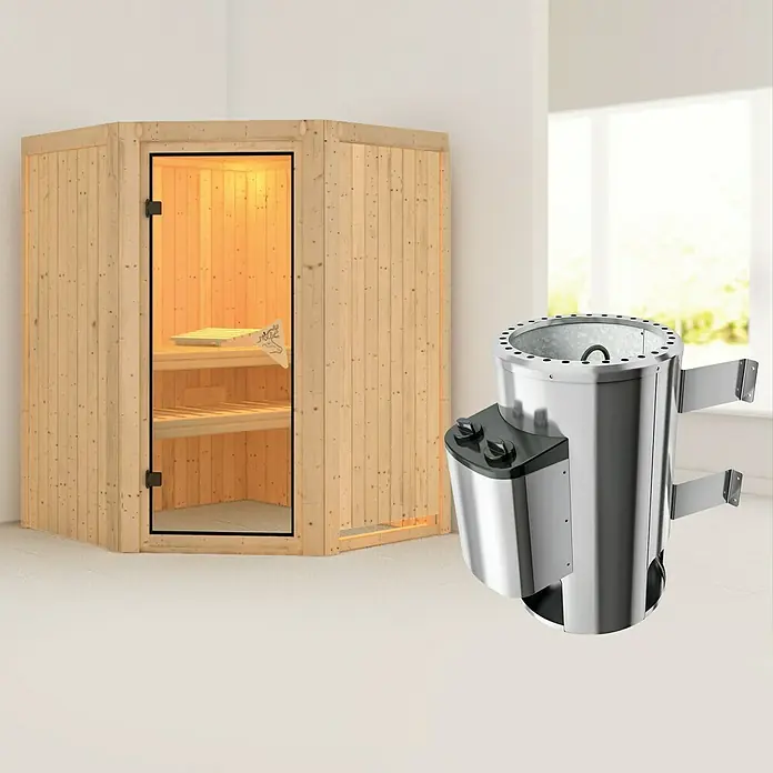 Karibu Elementsauna Nanja - Mit 3,6 kW Ofen mit integrierter Steuerung, Ohne Dachkranz, L x B x H: 151 x 151 x 192 cm - Bild einer Sauna mit einem Ofen. Der Saunaofen ist aus Edelstahl und hat zwei Drehknöpfe zur Steuerung der Temperatur.