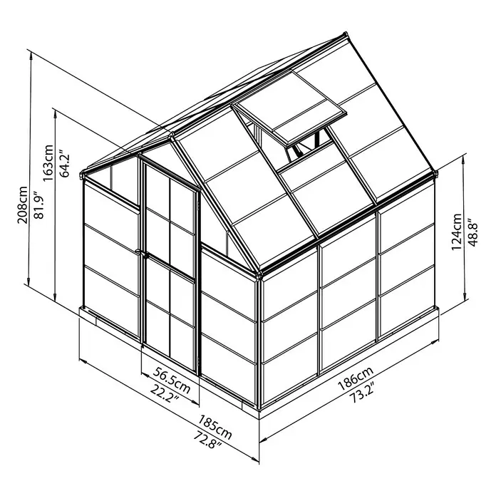 Palram – Canopia Invernadero Harmony - Medidas ext. (An x Pr): 185 x 186 cm, Plateado, Área: 3,5 m² - Dibujo esquemático detallado de un invernadero con dimensiones en centímetros y pulgadas para construcción y planificación.