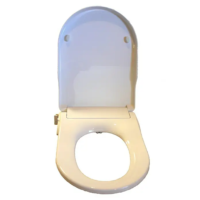 Dusch-WC-Sitz NB14 - Kunststoff, Weiß, Mit Absenkautomatik - Nahaufnahme eines hellen WC-Sitzes mit Bidetfunktion. Der Sitz ist offen und der Deckel leicht angehoben.