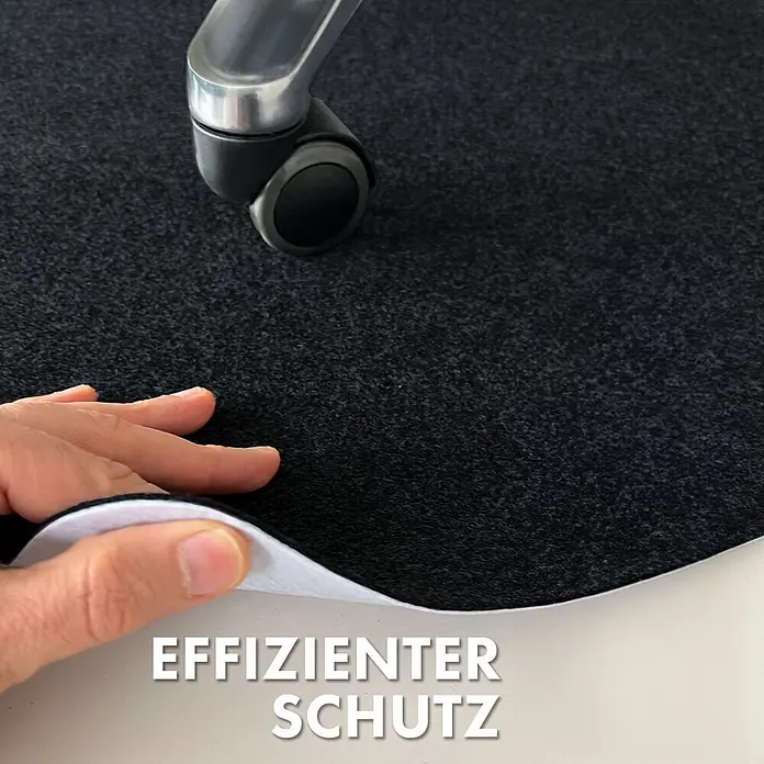 Fußbodenschutzmatte Viking - 120 x 100 cm, Schwarz, Polyester - Nahaufnahme einer Bürostuhlmatte mit der Aufschrift "Effizienter Schutz" und dem OEKO-TEX®-Logo.