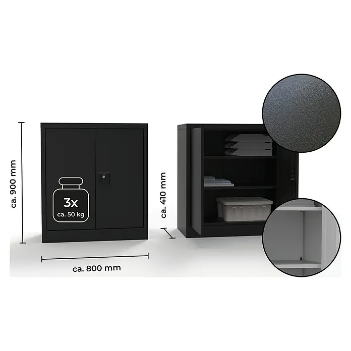 Regalux Metall-Mehrzweckschrank - H x B x T: 90 x 80 x 41 cm, Schwarz, Anzahl Böden: 1 Stk. - Ansicht eines schwarzen Büroschranks mit verstellbaren Fachböden und technischen Daten zur Größe und Belastbarkeit.
