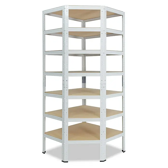 shelfplaza Schwerlastregal HOME - H x B x T: 230 x 90 x 60 cm, Traglast pro Boden: 175 kg, Stecken, weiß - Eckregal mit sieben Regalböden aus Holz und einem stabilen, weißen Metallrahmen für Ordnung in Lager und Büro.