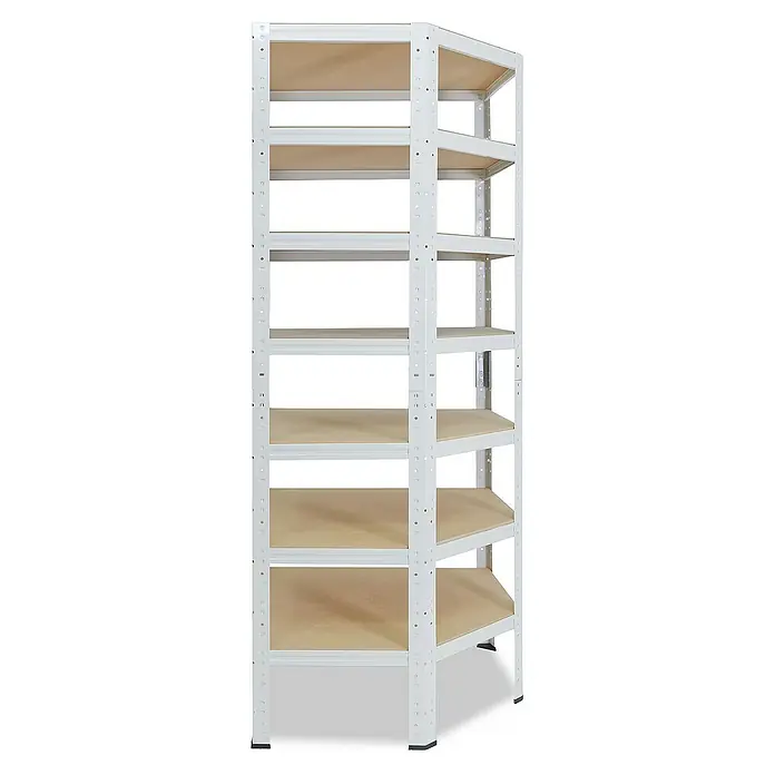 shelfplaza Schwerlastregal HOME - H x B x T: 230 x 90 x 60 cm, Traglast pro Boden: 175 kg, Stecken, weiß - Metallregal mit 7 Einlegeböden. Das Regal ist weiß und die Einlegeböden sind aus hellem Holz gefertigt.