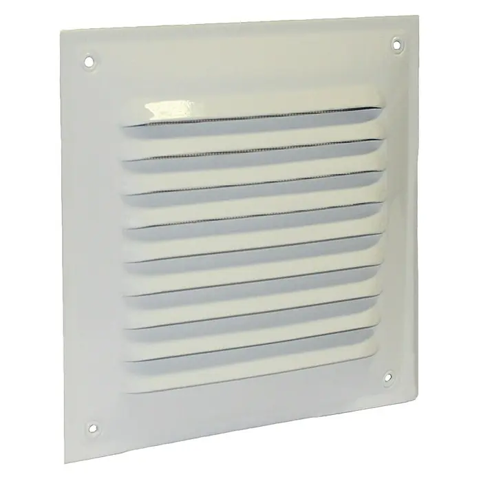 Air-Circle Außengitter - Durchmesser Anschlussstutzen: 100 mm, Aluminium, Weiß - Weiße quadratische Lüftungsabdeckung mit horizontalen Lamellen und Schraubenlöchern in jeder Ecke, ideal für Luftzirkulation und Belüftung.