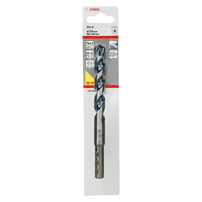 Bosch Beton- & Steinbohrer CYL-5 - Durchmesser Bohrer: 14 mm, 1 Stk., Arbeitslänge: 90 mm - Eine Nahaufnahme einer Bosch CYL-5 Ø14mm Steinbohrer-Verpackung, die für schnelles Bohren und lange Lebensdauer ausgelegt ist.