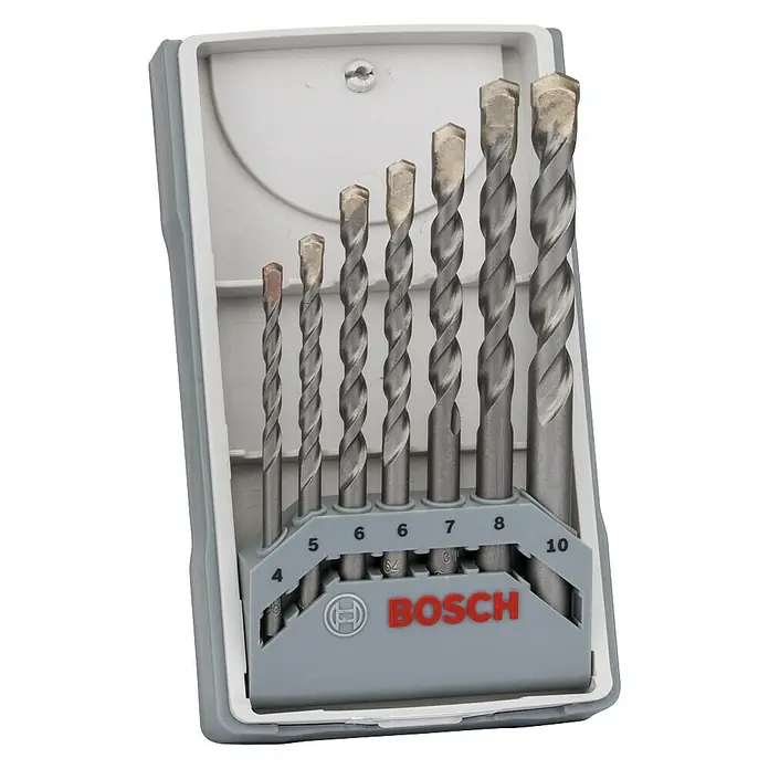 Bosch Beton- & Steinbohrer CYL-3 - Durchmesser Bohrer: 10 mm - Ein Set von Bosch-Bohrern in verschiedenen Größen in einer grauen Box. Ideal für Heimwerker und professionelle Anwendungen.