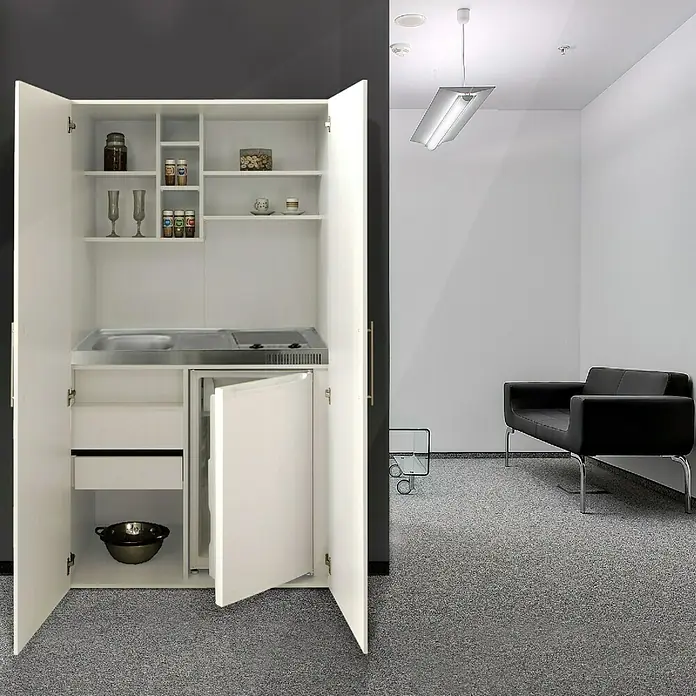 Respekta Schrankküche Peter - Breite: 104 cm, Weiß, Mit Glaskeramikkochfeld - Kompakter Küchenschrank mit Spüle, Kochfeld und Stauraum, integriert in ein modernes Büroumfeld. Ideal für kleine Büros.