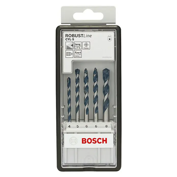 Bosch Beton- & Steinbohrer CYL-5 - 5 Stk., Durchmesser Bohrer: 8 mm - Ein Set Bosch Robust Line CYL-5 Bohrer mit Durchmessern von 4 bis 8 mm, ideal für präzise Bohrarbeiten und lange Lebensdauer.