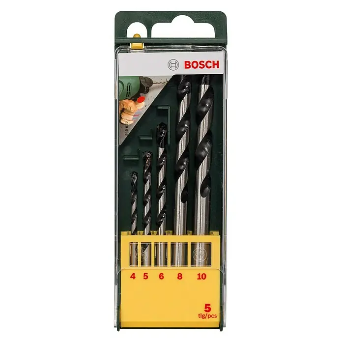 Bosch Beton- & Steinbohrer - Durchmesser Bohrer: 10 mm - Bosch Holzbohrer-Set mit 5 Teilen in den Größen 4, 5, 6, 8 und 10 mm, ideal für präzise Bohrlöcher in Holz.