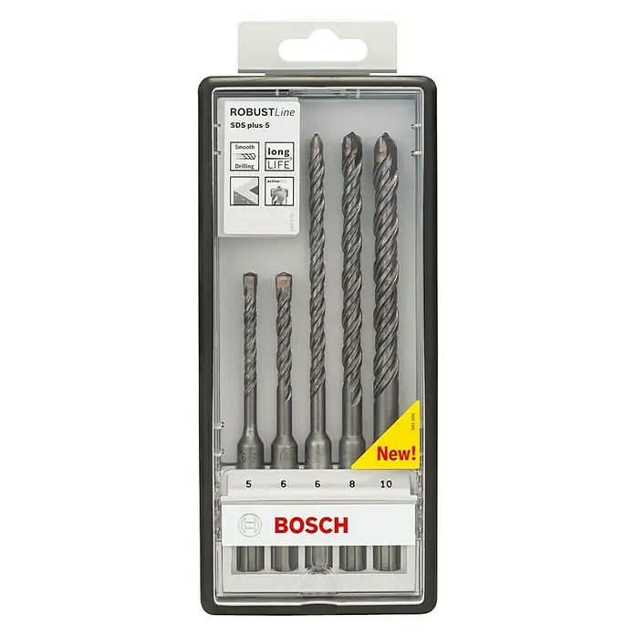 Bosch Beton- & Steinbohrer - 5 -tlg., Durchmesser Bohrer: 10 mm - Das Bosch Robust Line SDS Plus-5 Bohrerset mit Durchmessern von 5 bis 10 mm für glatte Bohrlöcher und eine lange Lebensdauer.