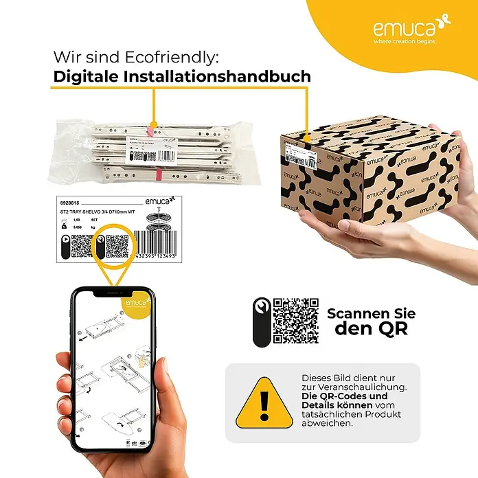 Emuca Schuhauszug - Breitenverstellung: 560 mm - 594 mm, Steingrau - Bild eines Emuca-Produkts, einem Schubladensystem ST2 TRAY SHELVO 3/4 D710mm WT, präsentiert in verschiedenen Darstellungen.