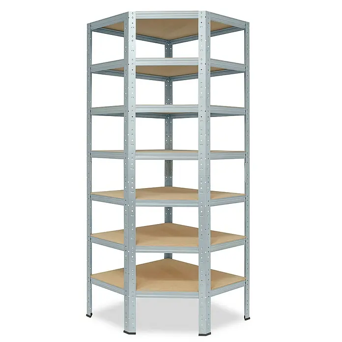 shelfplaza Schwerlastregal HOME - H x B x T: 230 x 60 x 30 cm, Traglast pro Boden: 175 kg, Stecken, verzinkt - Das Bild zeigt ein Eckregal mit sechs Regalböden. Das Regal ist aus Metall gefertigt und die Böden sind aus Holz. Es ist ideal für die Eckaufbewahrung.