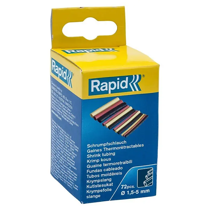 Rapid Schrumpfschlauch-Set - Durchmesser: 1,5 mm - 5 mm, 72 -tlg. - Dose mit Rapid Schrumpfschläuchen, 72 Stück, Durchmesser 1,5-5 mm. Vielseitiges Zubehör für Elektroinstallationen und Kabelreparaturen.