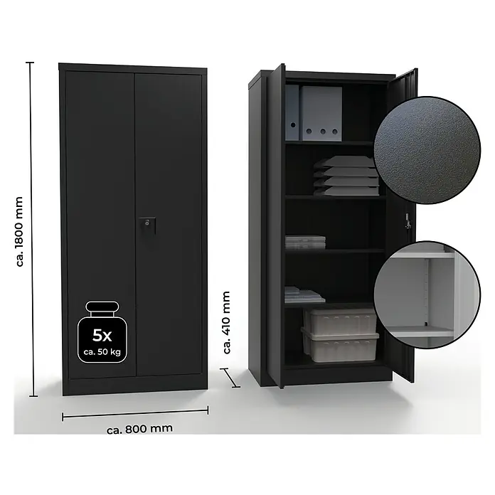 Regalux Metall-Mehrzweckschrank - H x B x T: 180 x 80 x 41 cm, Schwarz, Anzahl Böden: 4 Stk. - Schwarzer Stahlschrank mit zwei Türen, ideal für Büro oder Werkstatt. Robuste Konstruktion, ca. 1800 mm hoch und 800 mm breit.