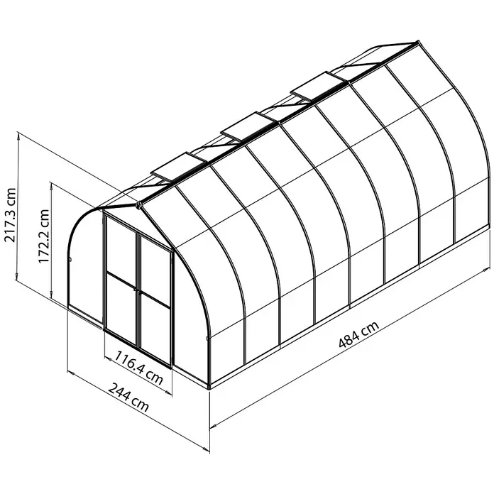 Palram – Canopia Gewächshaus Bella - Außenmaß inkl. Dachüberstand (B x T): 244 x 489 cm, 6 mm, Silber - Abbildung eines Gewächshauses mit seinen Abmessungen, die die Länge, Breite und Höhe des Gewächshauses zeigen.