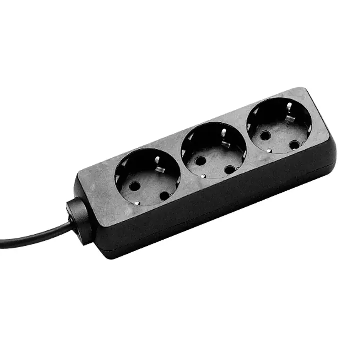 Base de enchufe múltiple - 3 conexiones, Negro, Longitud del cable: 1,4 m, Sin interruptor, Número de enchufes Schuko: 3 ud. - Regleta negra con tres enchufes para uso interior. Proporciona alimentación flexible para múltiples dispositivos.