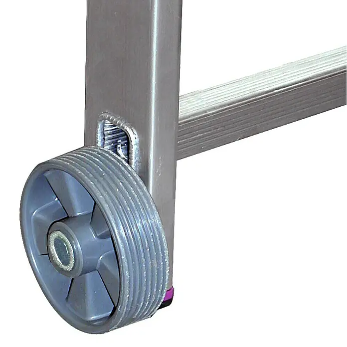Krause Corda Rollen-Set - 4 Stk., Kunststoff - Detailaufnahme eines Gerüsts mit einem grauen Rad zur einfachen Bewegung auf Oberflächen. Das Rad ist an einem grauen Rahmen befestigt.