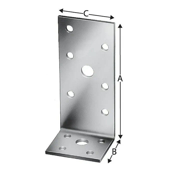 Simpson Strong-Tie Winkelverbinder AH - 35 x 40 x 90 mm - Produktbild eines Winkelverbinder aus Metall mit mehreren Löchern und den Abmessungen A, B und C zur Befestigung von Bauteilen.