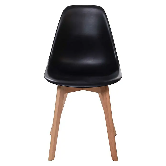 Feros Stapelstuhl Keeve - Edelstahl, Birkenholz, Polypropylen, Schwarz, B x T x H: 47 x 53 x 83 cm - Schwarzer Stuhl mit hellen Holzbeinen. Dieser moderne Stuhl bietet Komfort und Stil, ideal für Esszimmer oder Büros.