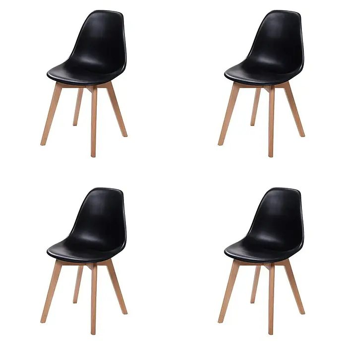 Feros Stapelstuhl Keeve - Edelstahl, Birkenholz, Polypropylen, Schwarz, B x T x H: 47 x 53 x 83 cm - Bild von vier modernen schwarzen Esszimmerstühlen mit hellen Holzbeinen, die ein stilvolles und minimalistisches Design für jeden Essbereich bieten.