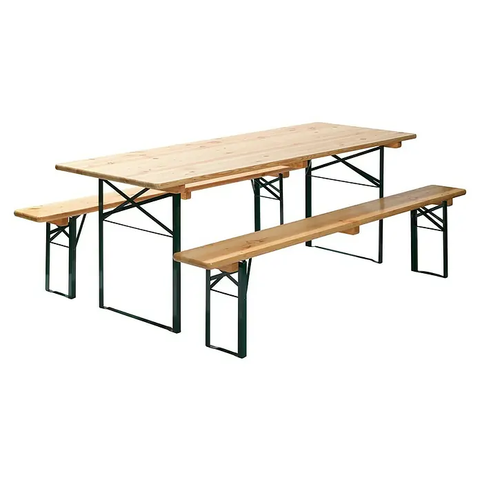 Feros Bierzeltgarnitur - 220 x 78 x 50 cm, Stahl, Kiefer, Klappbar, Hellbraun/Schwarz, Mit Tisch 50 cm - Ein Klapptisch mit Bänken, ideal für Gartenpartys oder den Einsatz im Freien. Gefertigt aus Holz und Metall.
