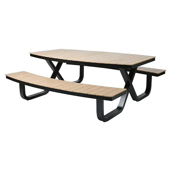 Feros Picknicktisch - L x B x H: 200 x 217 x 75 cm, Aluminium, Polywood, Schwarz/Braun - Eine moderne Picknickbank mit einer hellbraunen Sitzfläche und einem schwarzen Metallgestell. Perfekt für den Außenbereich.
