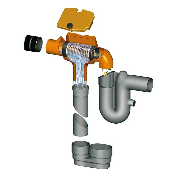 4rain Zisterne Komplettpaket Mono Haus-Premium - Gesamt Fassungsvermögen: 4.000 l, Mit Pumpe, Mit Filter - Eine detaillierte Illustration eines Regenwasserfiltersystems mit verschiedenen Komponenten.