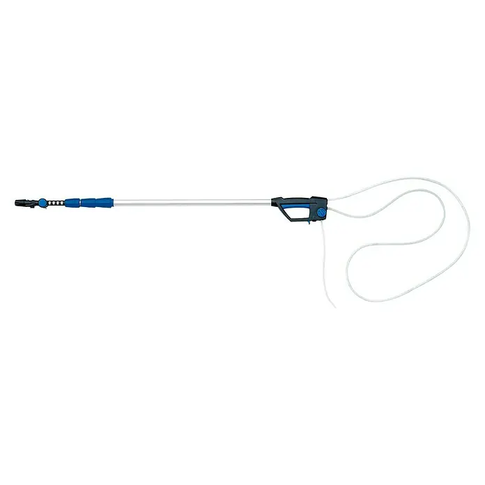 Nilfisk Boquilla telescópica para alturas - Zona de ajuste: 4,2 m, Específico para: Limpiadoras de alta presión Nilfisk - La imagen muestra un sacadera telescópica con mango azul, ideal para limpiar piscinas y estanques.