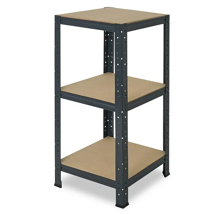 shelfplaza Schwerlastregal HOME - H x B x T: 90 x 40 x 40 cm, Traglast pro Boden: 175 kg, Stecken, anthrazit - Nahaufnahme eines dreistöckigen Schwerlastregals mit Regalböden aus Holz und einem dunkelgrauen Metallrahmen, ideal für die Garage oder Werkstatt.