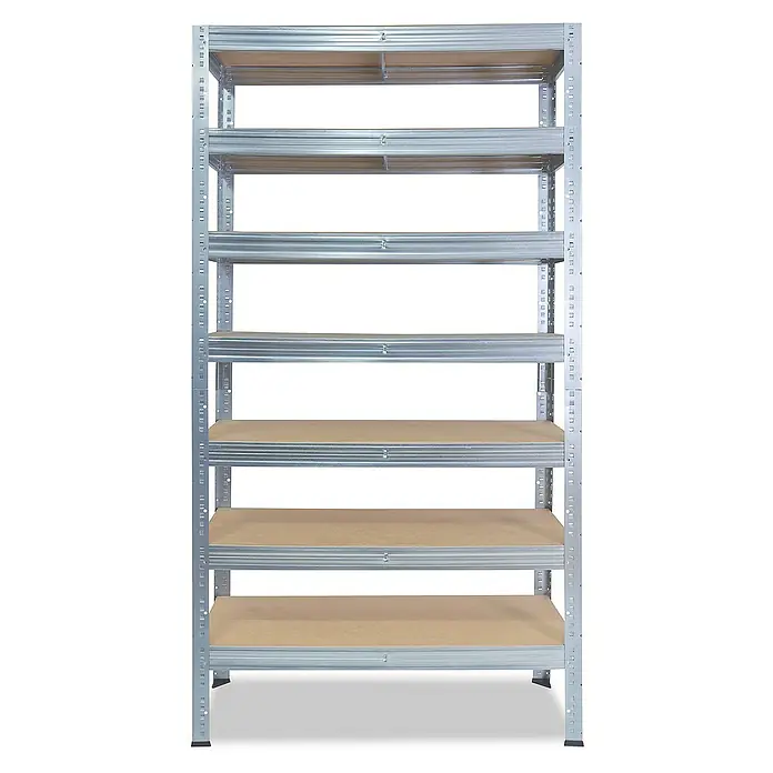 shelfplaza Schwerlastregal PRO - H x B x T: 200 x 100 x 50 cm, Traglast pro Boden: 200 kg, Stecken, verzinkt - Abgebildete ist ein Metallregal mit mehreren Ebenen und Holzplatten. Es bietet robuste und flexible Aufbewahrungsmöglichkeiten.