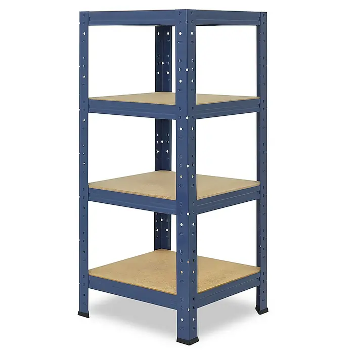 shelfplaza Schwerlastregal HOME - H x B x T: 90 x 60 x 60 cm, Traglast pro Boden: 175 kg, Stecken, blau - Ein blaues, vierstöckiges Regal mit Holzregalböden für zusätzlichen Stauraum und Organisation.