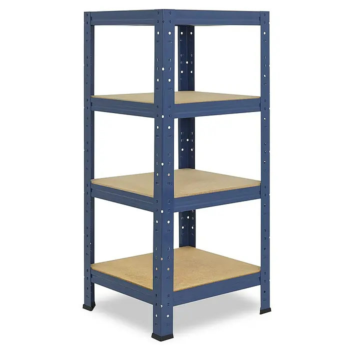 shelfplaza Schwerlastregal HOME - H x B x T: 90 x 60 x 60 cm, Traglast pro Boden: 175 kg, Stecken, blau - Ein blaues, vierstöckiges Lagerregal mit Regalböden aus Holzwerkstoff. Es ist ideal für die Lagerung von Gegenständen in Garage oder Keller.