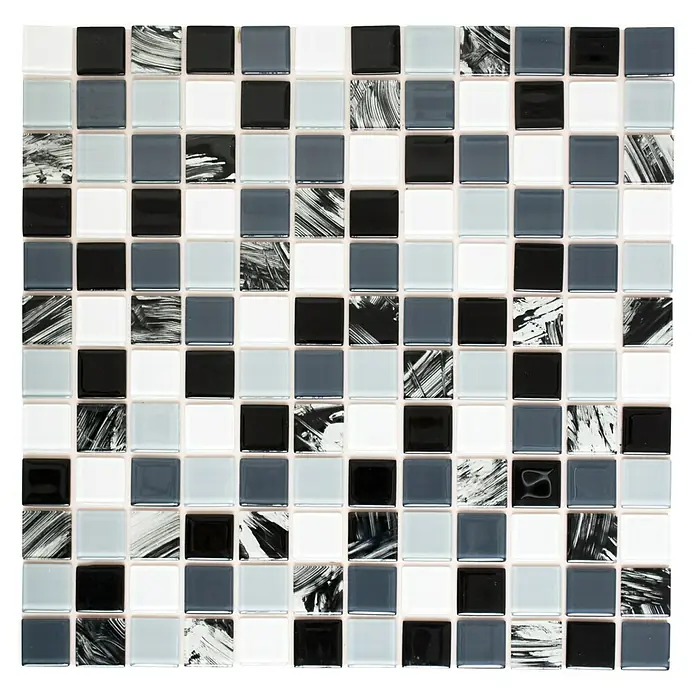 Selbstklebemosaik Quadrat Crystal SAM 4CM28 - 30 x 30 cm, Grau, Glänzend - Quadratische Fliesenmatte in Schwarz, Weiß und Grau für Badezimmer und Küchen, ideal für stilvolle Akzente.