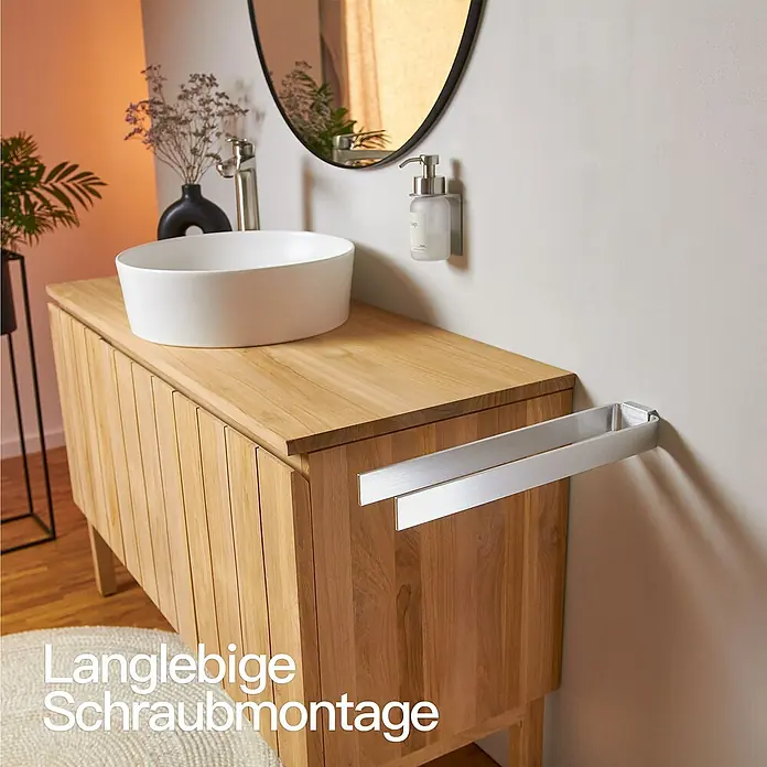 Designfabrik Hamburg Handtuchhalter - Silber, Matt - Waschbeckenunterschrank aus Holz mit Handtuchhalter und Aufsatzwaschbecken für ein stilvolles Badezimmer.