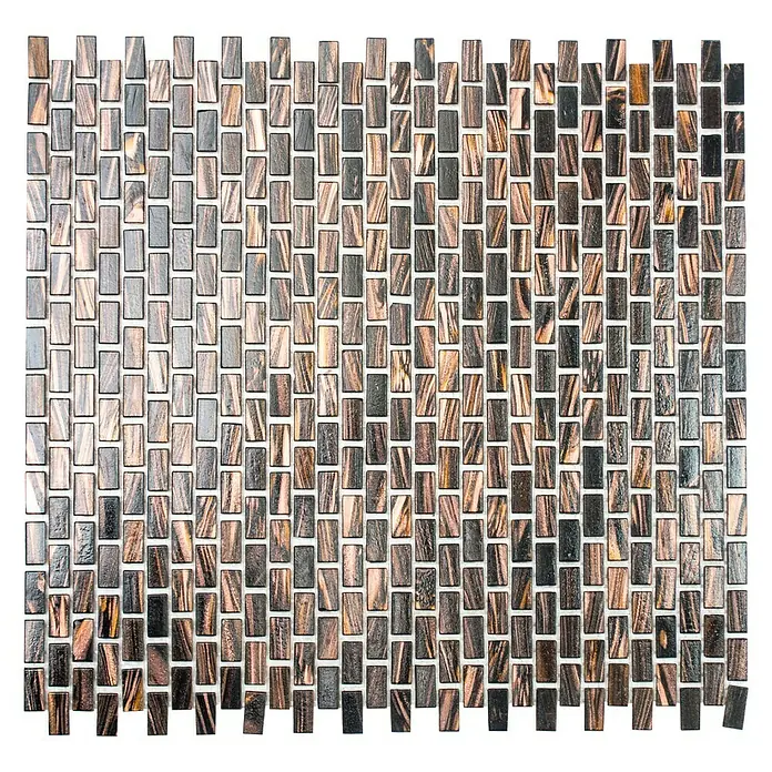 Mosaikfliese Goldstar GM GS 503050 - 32,7 x 30,5 cm, Braun, Glänzend - Mosaikfliesen mit einem auffälligen und eleganten Design. Die Fliesen sind rechteckig und in verschiedenen Braun- und Grautönen gehalten.