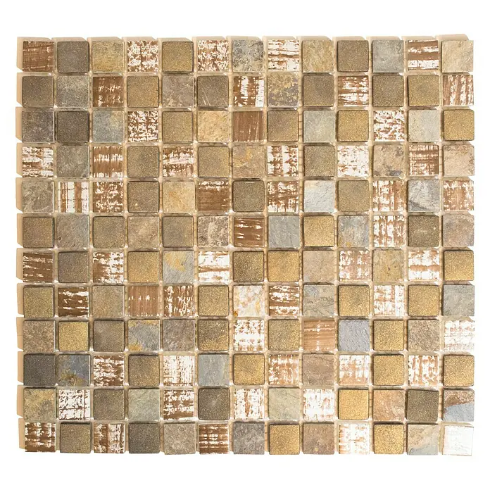 Mosaikfliese Quadrat Crystal Mix XCM CB 52 - 32,7 x 30,2 cm, Braun, Matt - Nahaufnahme einer quadratischen Mosaikfliese in verschiedenen Braun-, Grau- und Goldtönen mit einer leicht strukturierten Oberfläche.