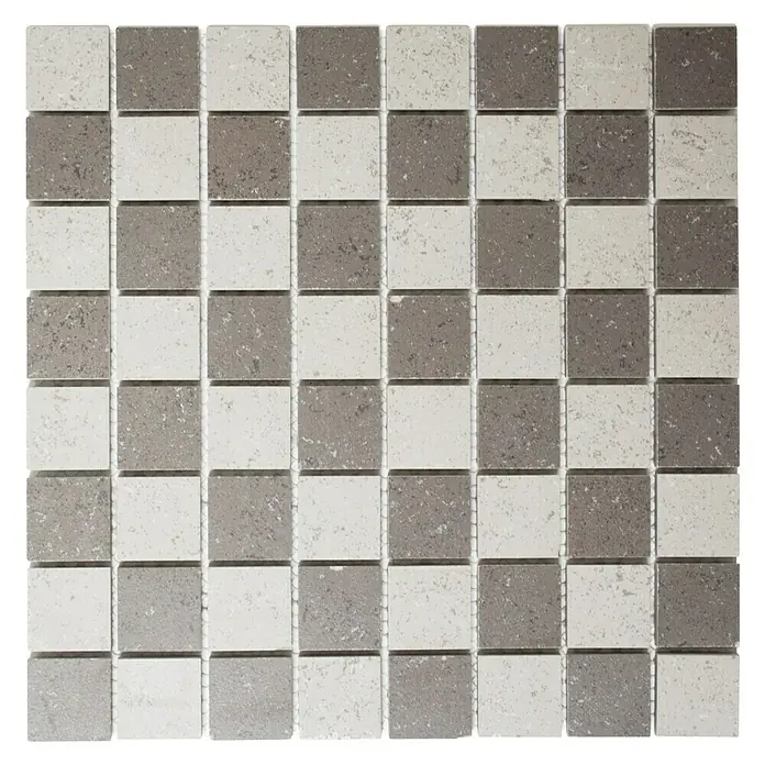 Mosaikfliese Quadrat CCT 322 - 30,6 x 30,6 cm, Grau, Matt - Quadratisches Fliesenmuster mit abwechselnd hellgrauen und cremefarbenen Mosaikfliesen für Badezimmer und Küche.