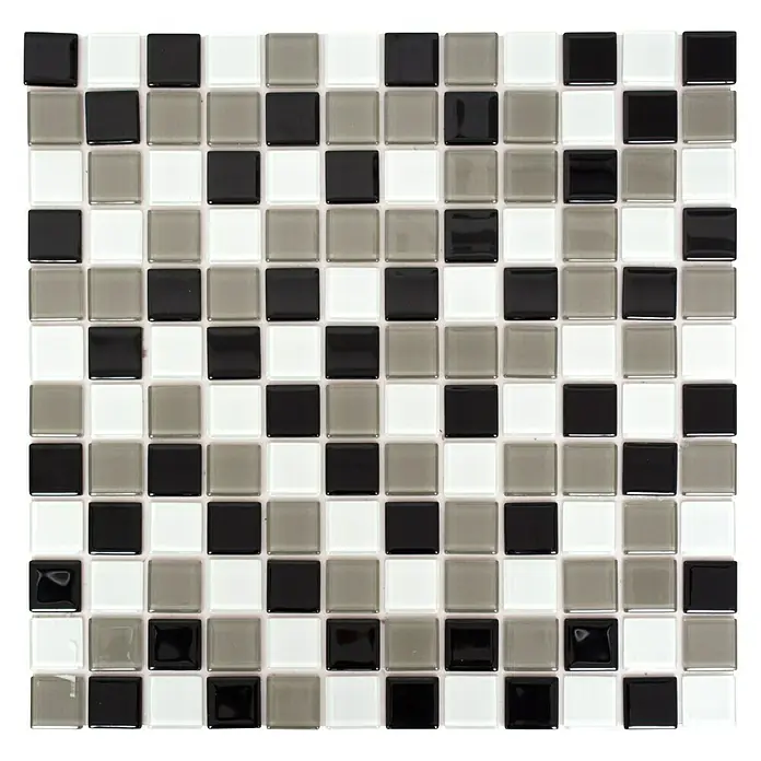 Selbstklebemosaik Quadrat Crystal Mix SAM 4CM30 - 30 x 30 cm, Schwarz/Braun/Weiß, Glänzend - Nahaufnahme eines Mosaiks mit schwarzen, grauen und weißen quadratischen Glasfliesen für Wand- oder Bodenbeläge.