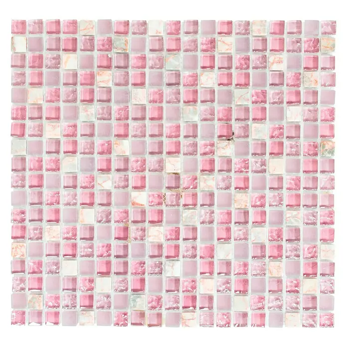 Mosaikfliese Quadrat Crystal Mix XCM M940 - 30,5 x 32,2 cm, Rosa, Glänzend - Nahaufnahme einer quadratischen rosa Glasmosaikfliese, die ein zartes und elegantes Design für die Wandgestaltung bietet.