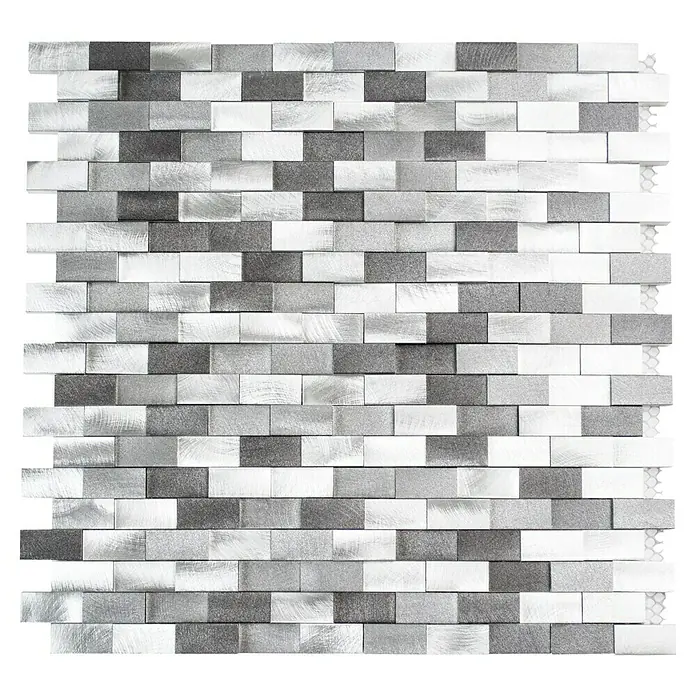Mosaikfliese Brick 3D Mix XAM A132 - 30,1 x 30,4 cm, Silber/Schwarz, Matt - Nahaufnahme einer Metallmosaikfliese in Silber- und Grautönen.