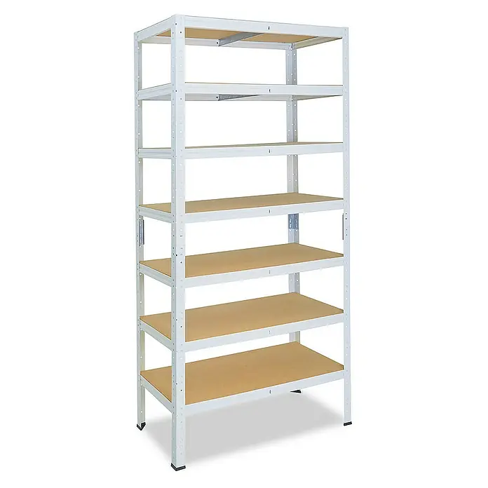 shelfplaza Schwerlastregal HOME - H x B x T: 230 x 90 x 45 cm, Traglast pro Boden: 175 kg, Stecken, weiß - Ein Regal mit sechs Regalböden und weißem Metallrahmen. Praktische Regalkonstruktion zur Aufbewahrung von Gegenständen.