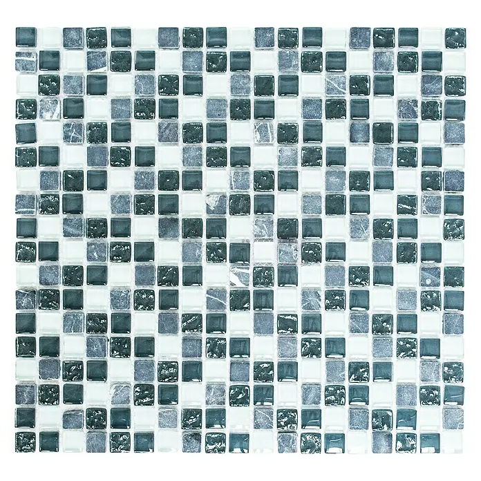 Mosaikfliese Quadrat Crystal Mix XCM M810 - 30,5 x 32,2 cm, Grau/Grün, Glänzend - Nahaufnahme eines Mosaiks mit blauen, grauen und weißen Farbtönen, das eine elegante und vielseitige Option für die Inneneinrichtung darstellt.