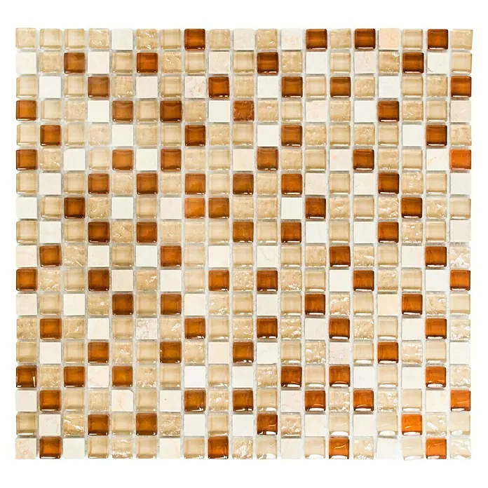 Mosaikfliese Quadrat Crystal Mix XCM M820 - 30,5 x 32,2 cm, Beige, Glänzend - Nahaufnahme eines Mosaikfliesenmusters mit quadratischen Fliesen in Braun-, Beige- und Cremetönen, ideal für die Wandgestaltung im Innenbereich.