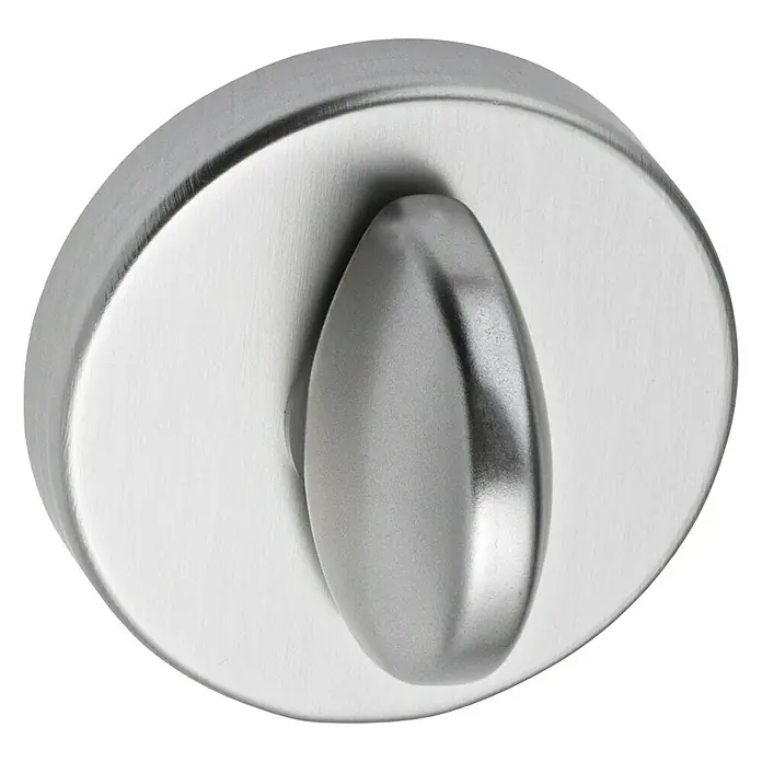 Portaferm Schlüsselschild WC F4 - Durchmesser Rosette: 55 mm, Neusilber - Nahaufnahme eines modernen, runden Türknaufs aus gebürstetem Edelstahl.