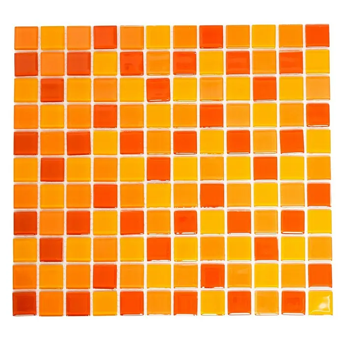 Mosaikfliese Quadrat Crystal Mix CM 4523 - 32,7 x 30,2 cm, Gelb/Orange/Rot, Glänzend - Quadratisches Mosaik aus orangefarbenen und gelben Glasfliesen, ideal für dekorative Wand- oder Bodenprojekte.