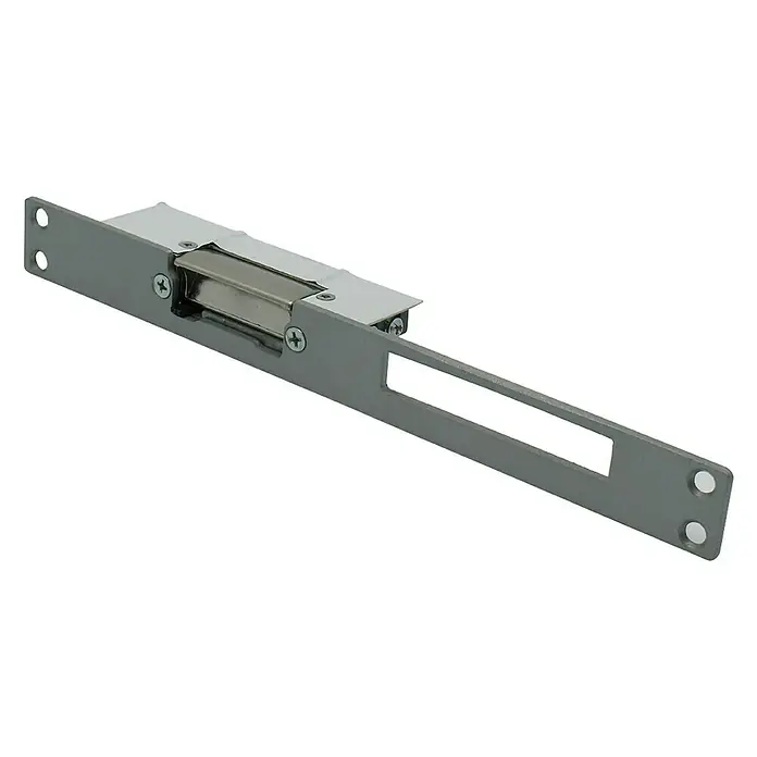 Avidsen Elektrischer Türöffner - Lang, 12 V - Abgebildet ist ein Türöffner aus Metall. Der Türöffner ist grau und hat eine längliche Form. Er dient zum ferngesteuerten Öffnen von Türen.