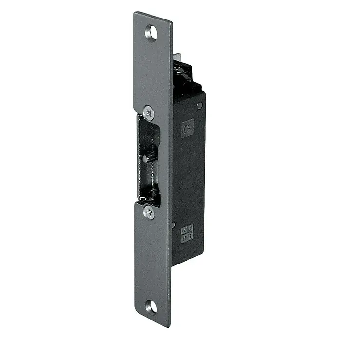 Avidsen Elektrischer Türöffner - Kurz, 12 V - Ein Türöffner mit einer silbernen Frontplatte und einem schwarzen Elektromagneten. Dieser Türöffner ist ideal für den Einsatz in Sicherheitssystemen.