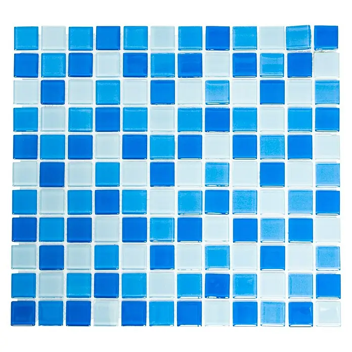 Mosaikfliese Quadrat Crystal Mix CM 4222 - 32,7 x 30,2 cm, Hellblau, Glänzend - Quadratische Fliesenmatte mit blauen und weißen Glasmosaiken, ideal für Badezimmer oder Küchen, die ein frisches und sauberes Aussehen verleihen.