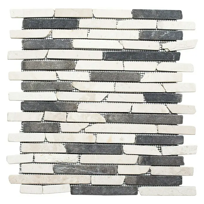 Mosaikfliese MOS BRICK 115 - 30,5 x 30,5 cm, Schwarz/Weiß, Matt - Nahaufnahme von rechteckigen Mosaikfliesen in Weiß- und Grautönen auf einem Netzträger.
