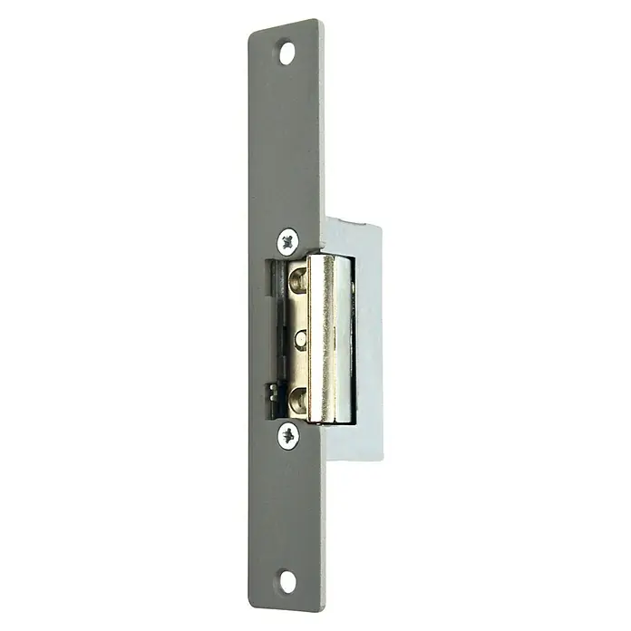 Extel Elektrischer Türöffner CFI - Kurz, 8 V - 12 V - Nahaufnahme einer elektrischen Türöffnerfalle aus Metall, die auf einer weißen Oberfläche montiert ist. Ideal für Sicherheitssysteme.